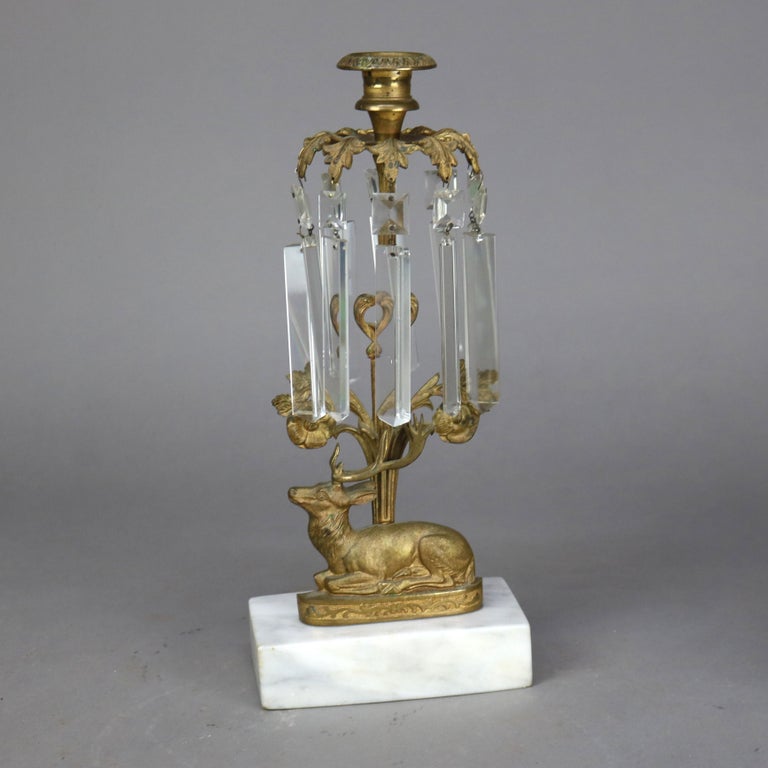 Pair Antique Figural Elk Bronze & Crystal Candle Holders with Marble Bases C1880