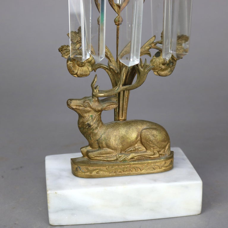 Pair Antique Figural Elk Bronze & Crystal Candle Holders with Marble Bases C1880