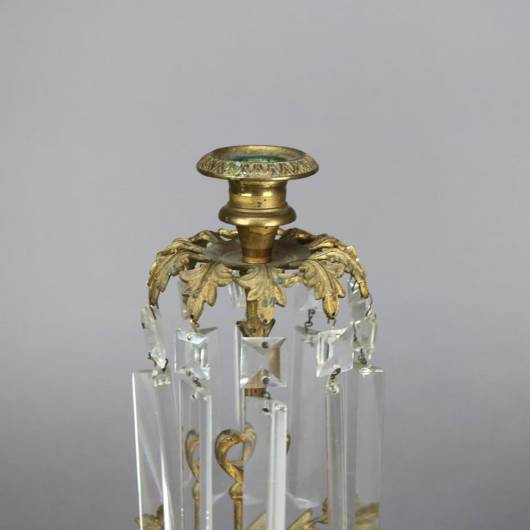 Pair Antique Figural Elk Bronze & Crystal Candle Holders with Marble Bases C1880