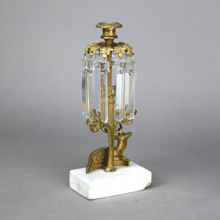 Pair Antique Figural Elk Bronze & Crystal Candle Holders with Marble Bases C1880