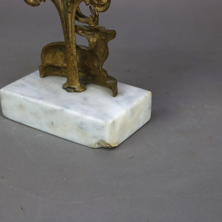 Pair Antique Figural Elk Bronze & Crystal Candle Holders with Marble Bases C1880