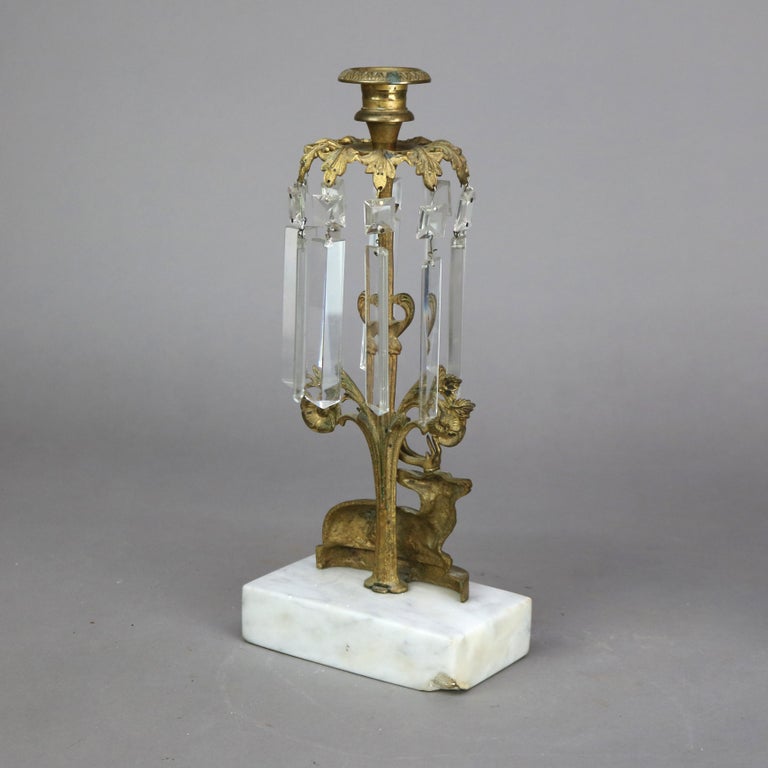 Pair Antique Figural Elk Bronze & Crystal Candle Holders with Marble Bases C1880