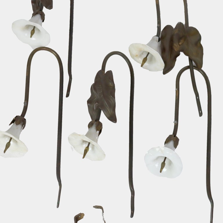 Six Antique Lily Form Floral Brass & Opalescent Glass Tie Backs C1890