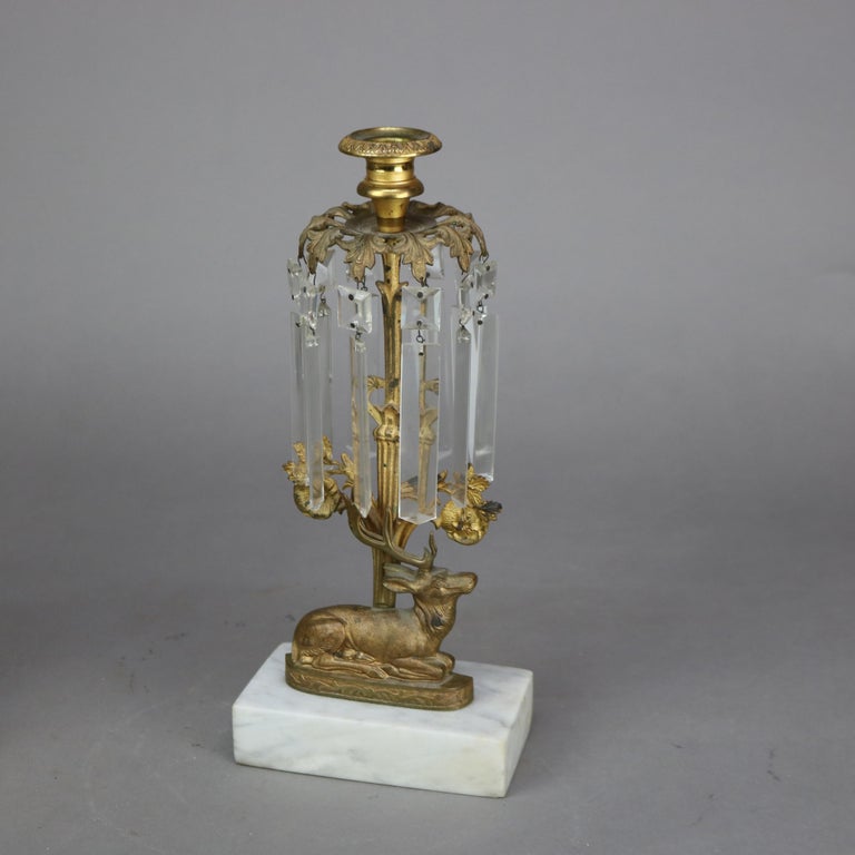 Pair Antique Figural Elk Bronze & Crystal Candle Holders with Marble Bases C1880