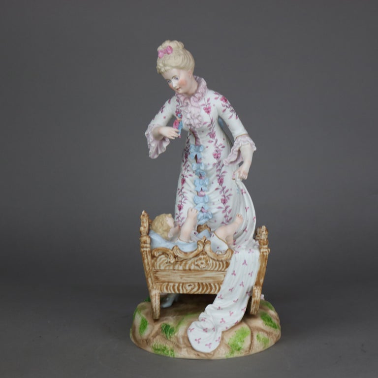 Antique Meissen School Hand Painted Bisque Porcelain Mother & Child Figure c1920
