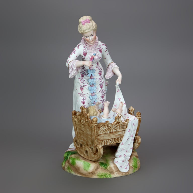Antique Meissen School Hand Painted Bisque Porcelain Mother & Child Figure c1920