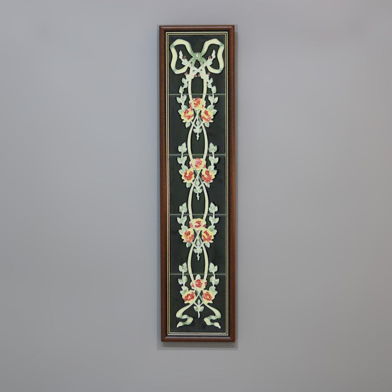 Framed Ceramic Tiled Wall Plaque with Roses 20thC