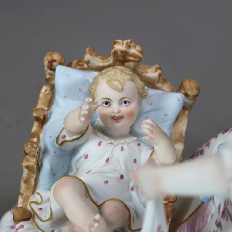 Antique Meissen School Hand Painted Bisque Porcelain Mother & Child Figure c1920