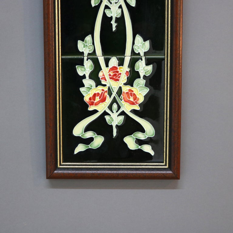 Framed Ceramic Tiled Wall Plaque with Roses 20thC