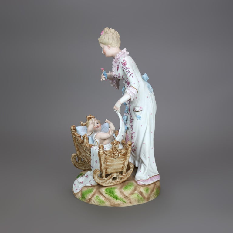 Antique Meissen School Hand Painted Bisque Porcelain Mother & Child Figure c1920