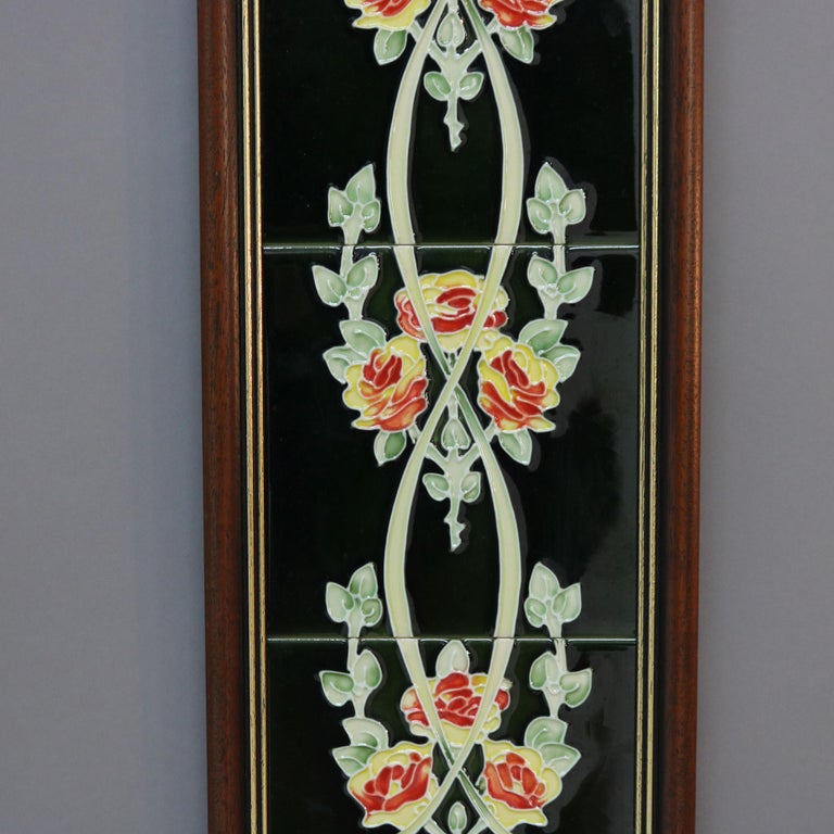Framed Ceramic Tiled Wall Plaque with Roses 20thC