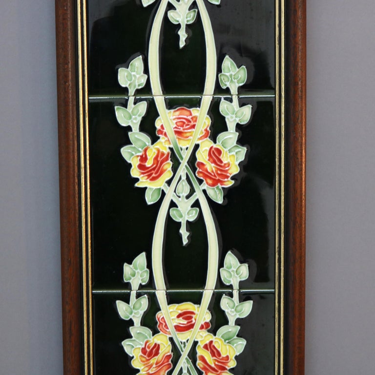 Framed Ceramic Tiled Wall Plaque with Roses 20thC