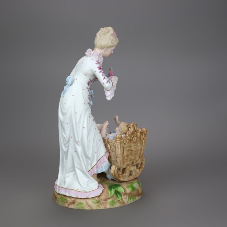 Antique Meissen School Hand Painted Bisque Porcelain Mother & Child Figure c1920