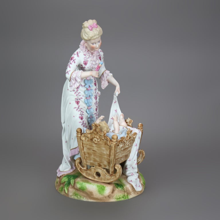Antique Meissen School Hand Painted Bisque Porcelain Mother & Child Figure c1920