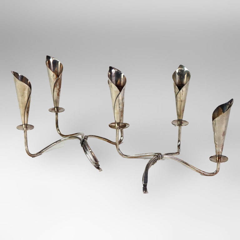 Pair Vintage Danish Modern Silver Plate Lily Form Candelabras, Denmark, C1950