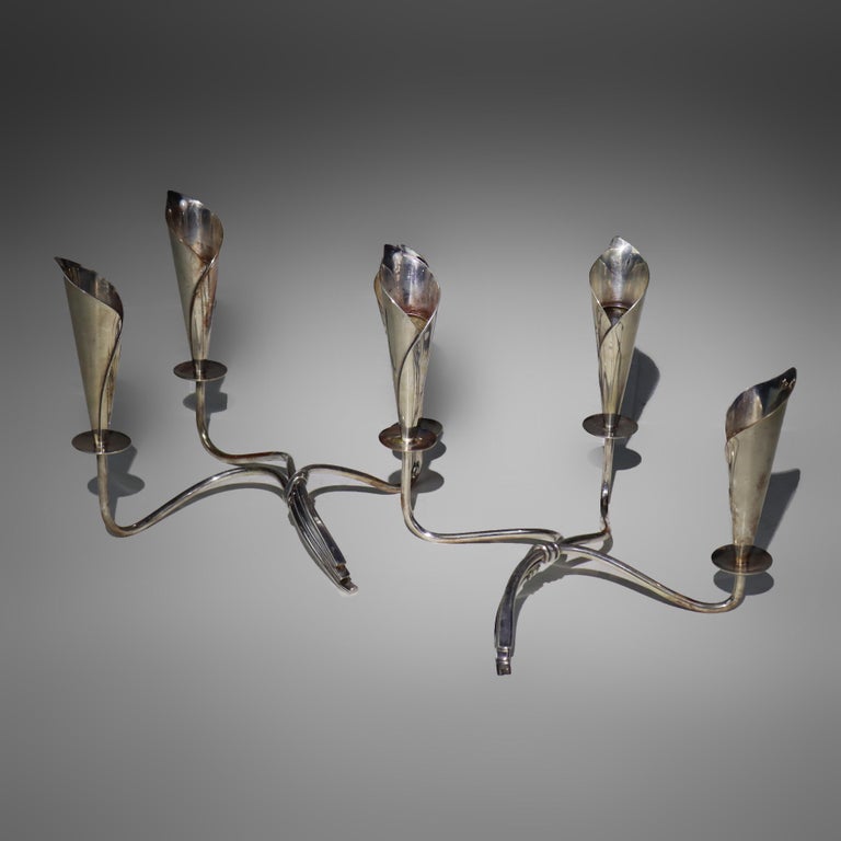 Pair Vintage Danish Modern Silver Plate Lily Form Candelabras, Denmark, C1950