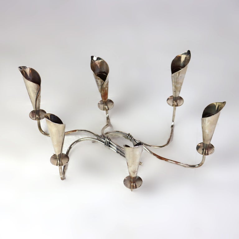 Pair Vintage Danish Modern Silver Plate Lily Form Candelabras, Denmark, C1950