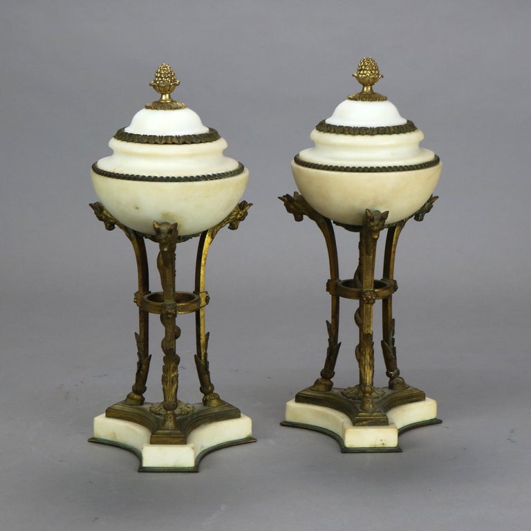 Pair of Antique French Figural Bronze & Marble Cassolettes with Hoof Feet C1880
