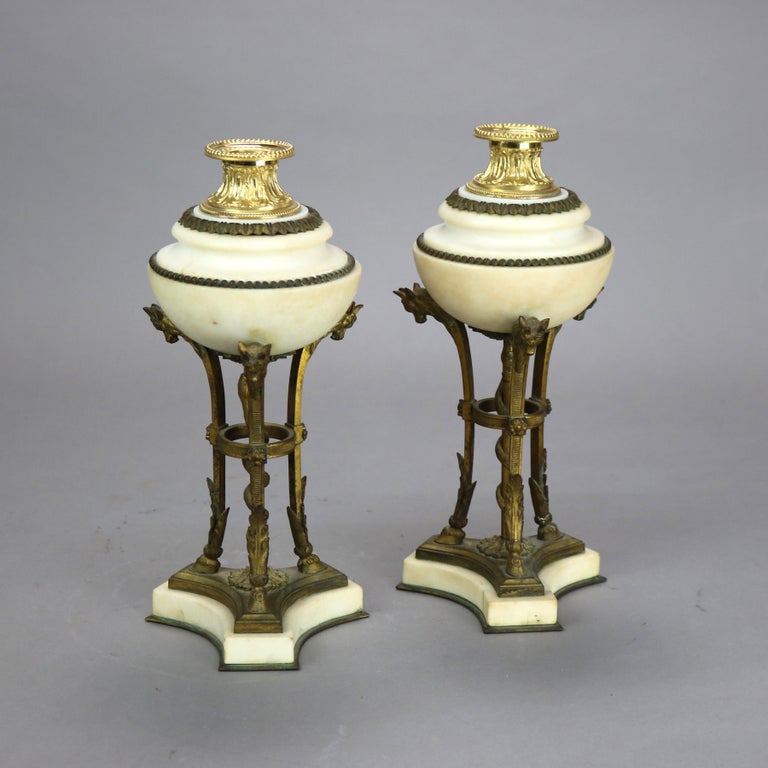 Pair of Antique French Figural Bronze & Marble Cassolettes with Hoof Feet C1880
