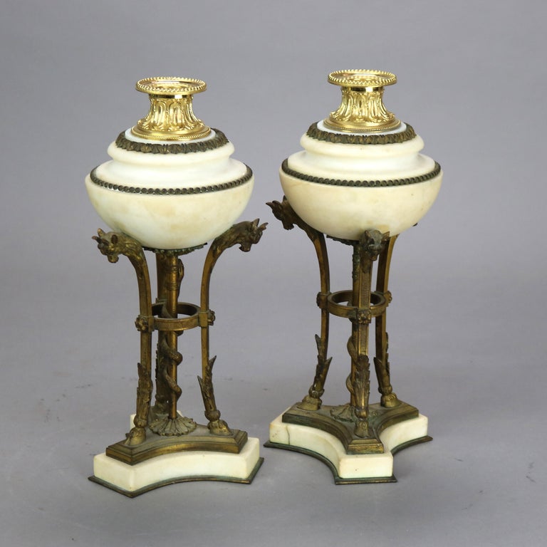 Pair of Antique French Figural Bronze & Marble Cassolettes with Hoof Feet C1880
