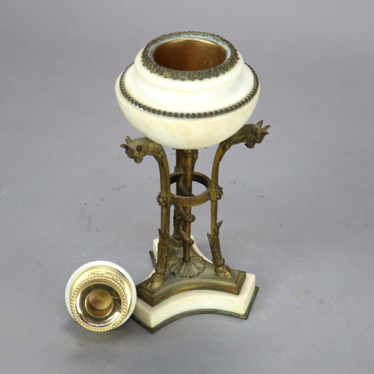 Pair of Antique French Figural Bronze & Marble Cassolettes with Hoof Feet C1880