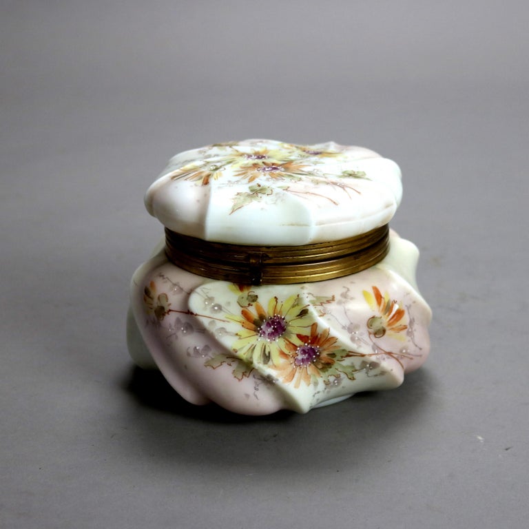 Antique Wavecrest Floral Hand Painted Glass Dresser Box with Wildflowers 19thC