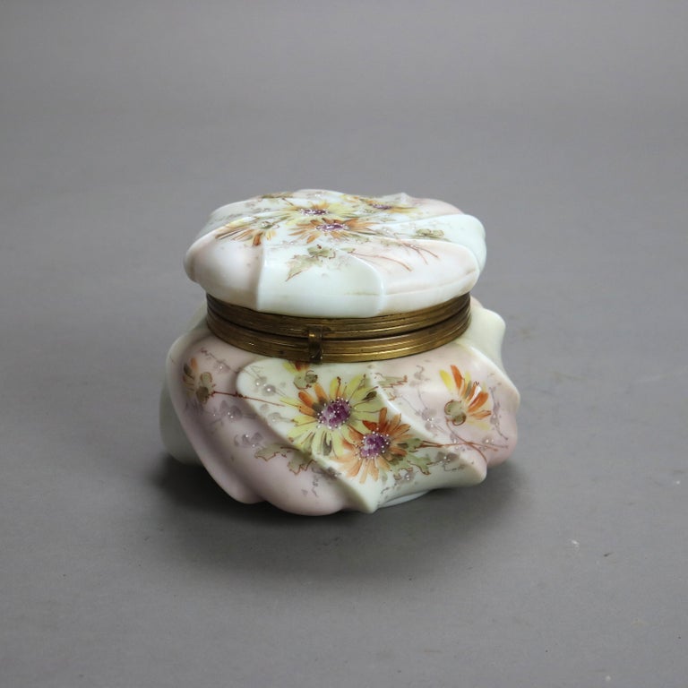 Antique Wavecrest Floral Hand Painted Glass Dresser Box with Wildflowers 19thC