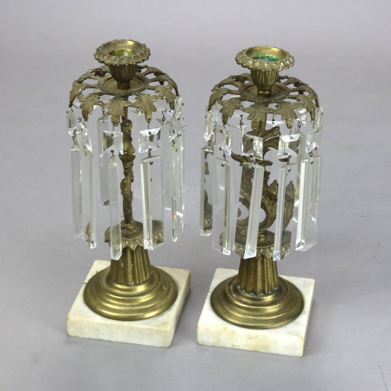 Pair of Bronze and Crystal Candle Holders with Marble Base C1890