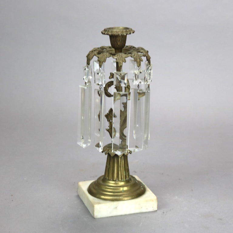 Pair of Bronze and Crystal Candle Holders with Marble Base C1890