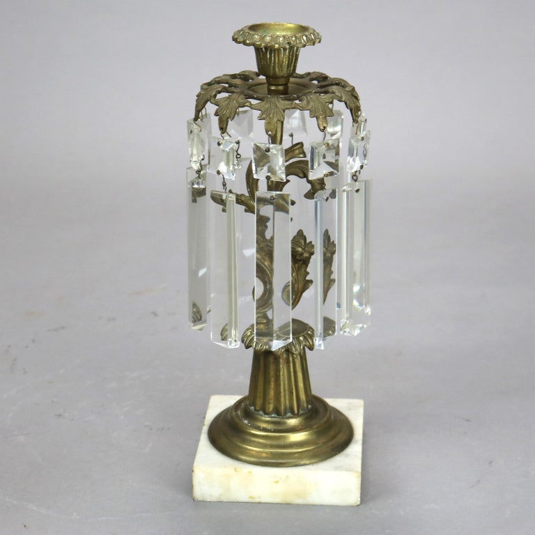 Pair of Bronze and Crystal Candle Holders with Marble Base C1890
