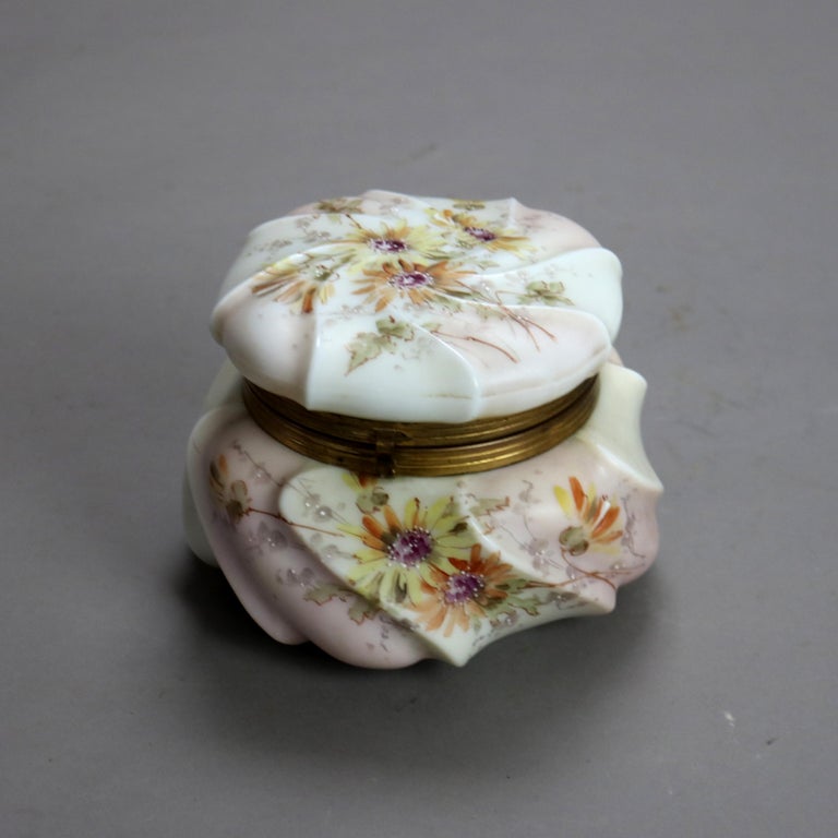 Antique Wavecrest Floral Hand Painted Glass Dresser Box with Wildflowers 19thC