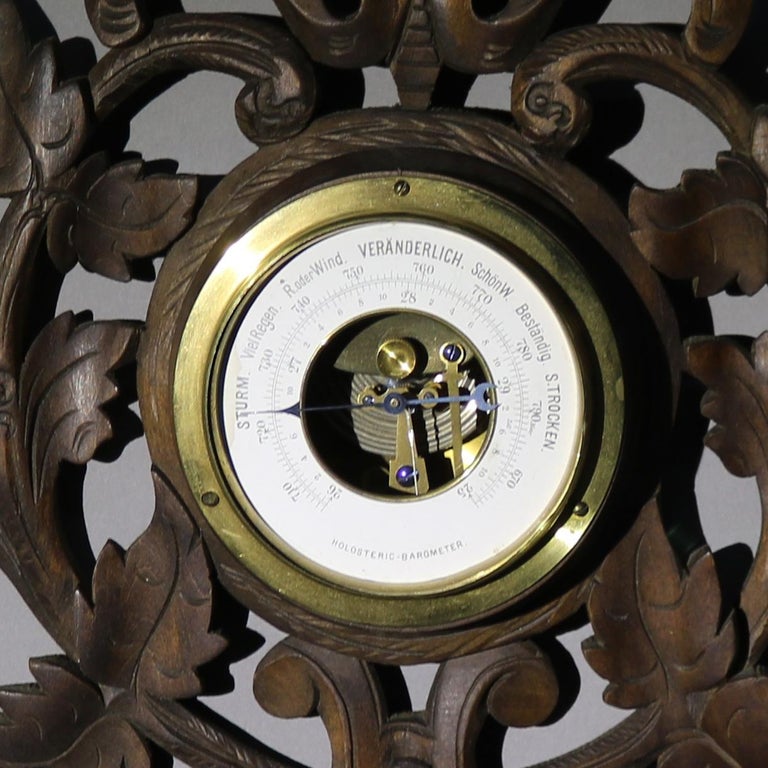 Antique Black Forest Foliate Carved Walnut Barometer C1890