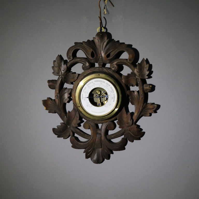 Antique Black Forest Foliate Carved Walnut Barometer C1890