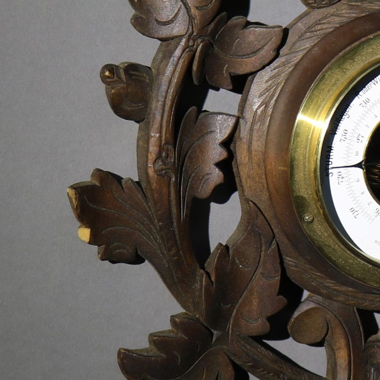 Antique Black Forest Foliate Carved Walnut Barometer C1890