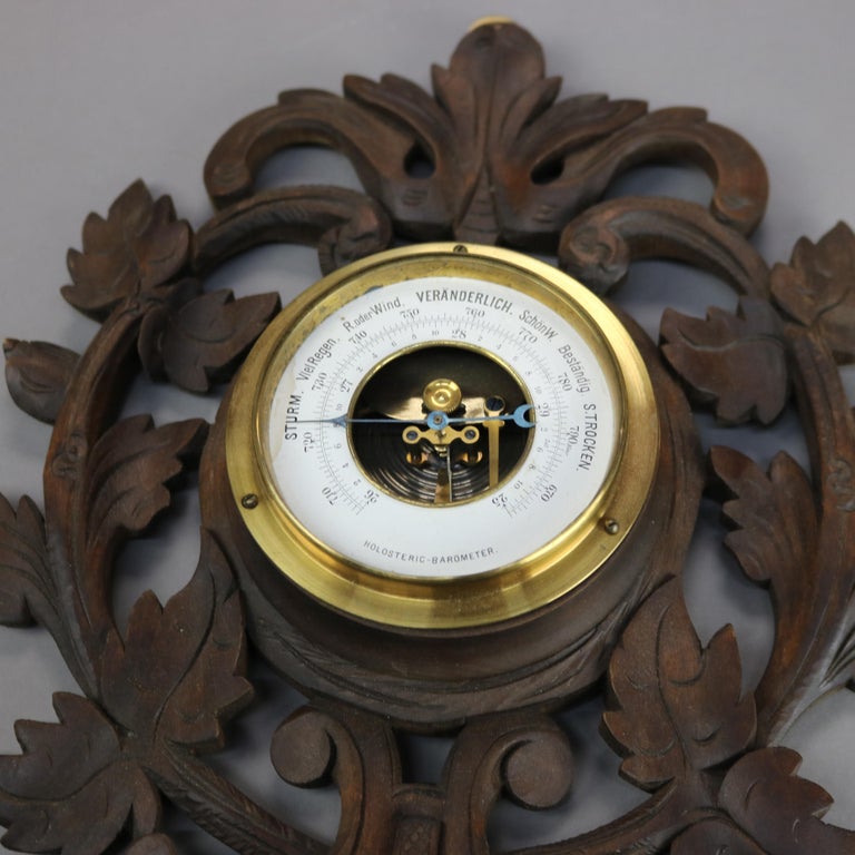 Antique Black Forest Foliate Carved Walnut Barometer C1890