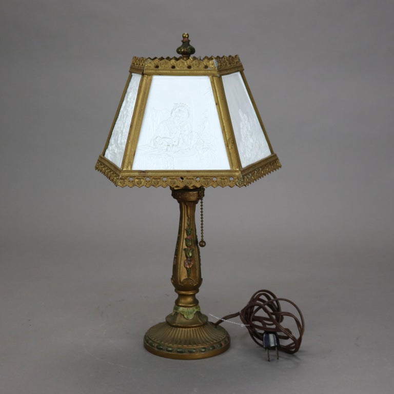 Antique Lithophane Arts & Crafts Embossed 5 Panel Glass Table Lamp C1910