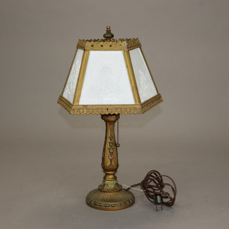 Antique Lithophane Arts & Crafts Embossed 5 Panel Glass Table Lamp C1910