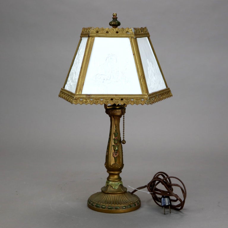 Antique Lithophane Arts & Crafts Embossed 5 Panel Glass Table Lamp C1910