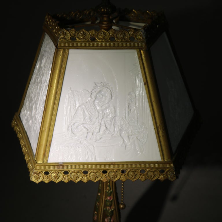 Antique Lithophane Arts & Crafts Embossed 5 Panel Glass Table Lamp C1910