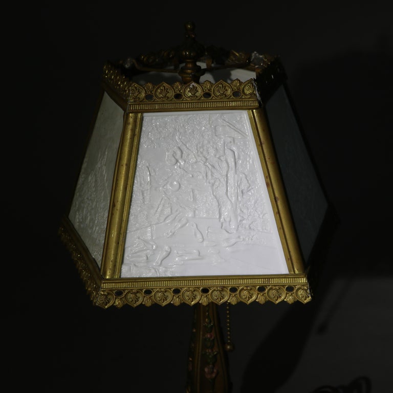 Antique Lithophane Arts & Crafts Embossed 5 Panel Glass Table Lamp C1910