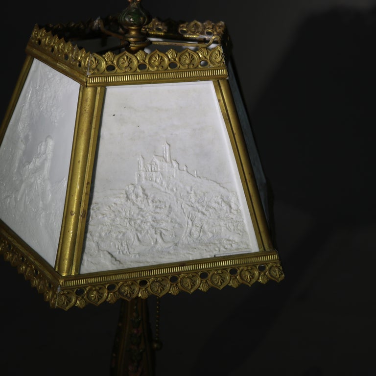 Antique Lithophane Arts & Crafts Embossed 5 Panel Glass Table Lamp C1910