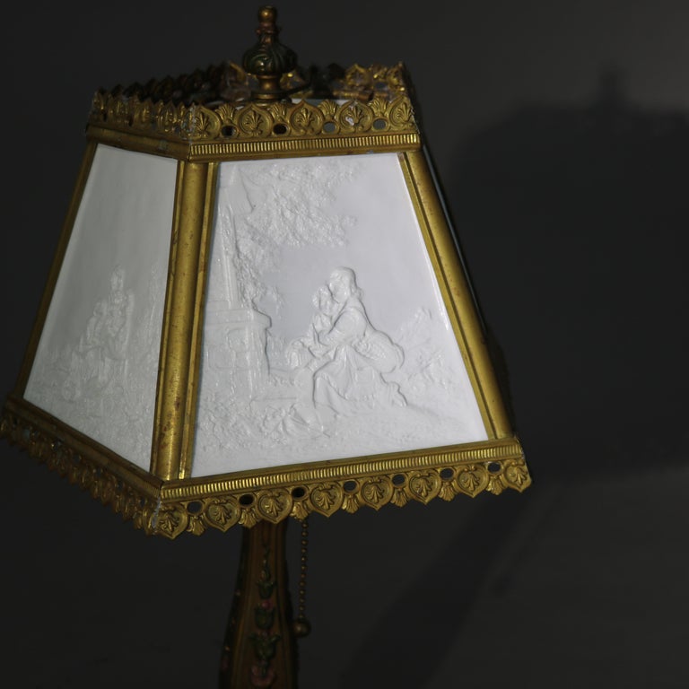 Antique Lithophane Arts & Crafts Embossed 5 Panel Glass Table Lamp C1910