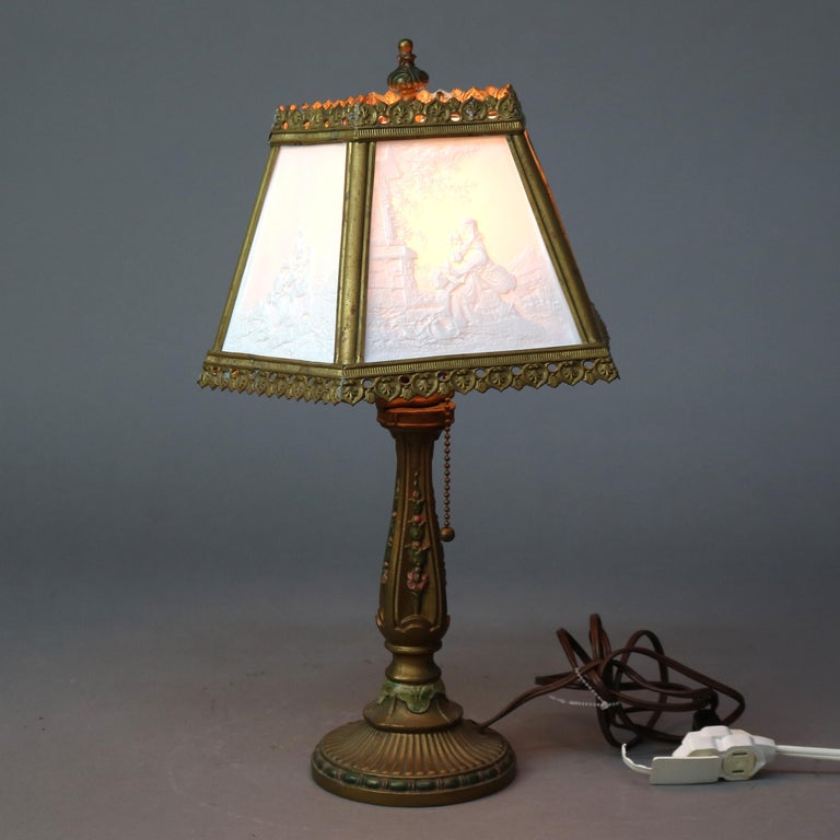 Antique Lithophane Arts & Crafts Embossed 5 Panel Glass Table Lamp C1910