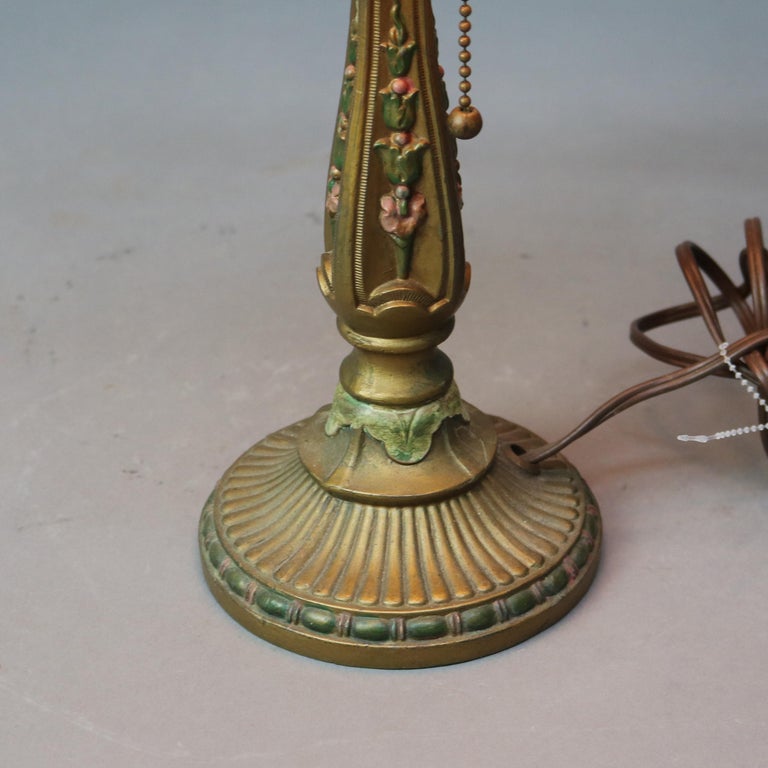 Antique Lithophane Arts & Crafts Embossed 5 Panel Glass Table Lamp C1910