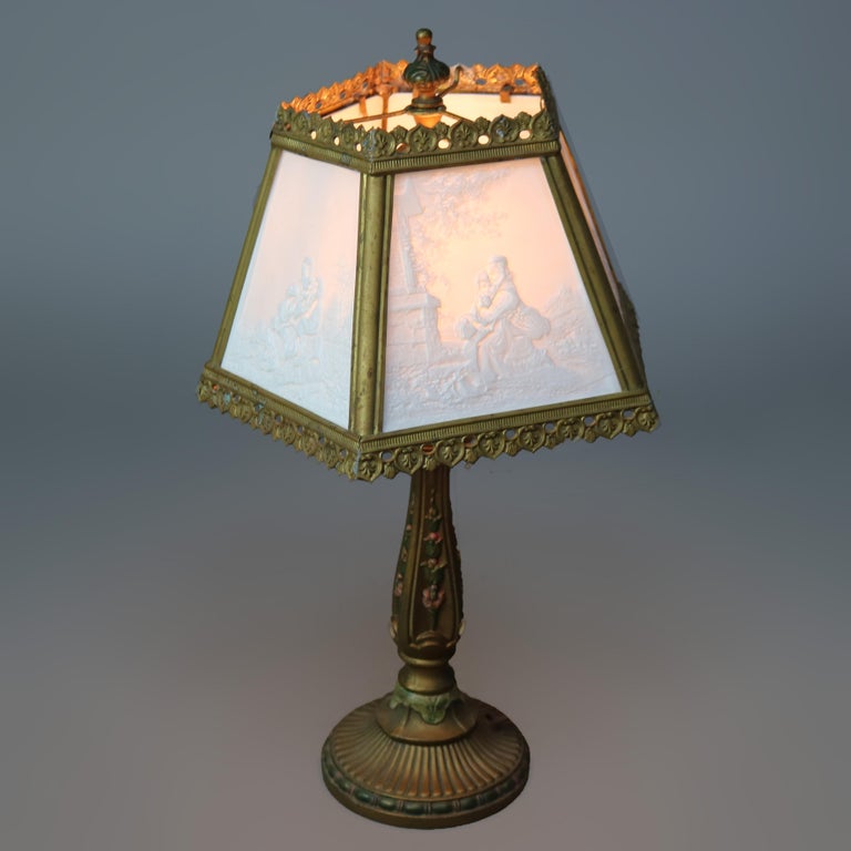 Antique Lithophane Arts & Crafts Embossed 5 Panel Glass Table Lamp C1910