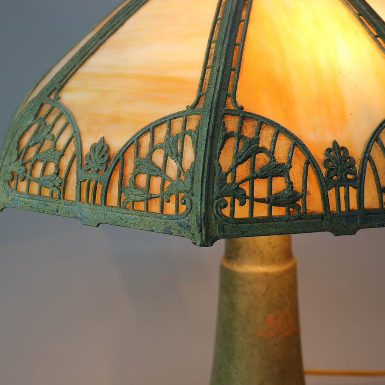 Antique Arts & Crafts Bradley & Hubbard School Slag Glass Lamp, Circa 1920