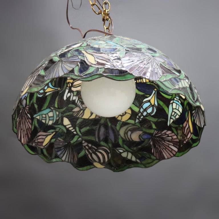 Tiffany School Leaded & Stained Glass Hanging Light with Seashore Shells 20thC