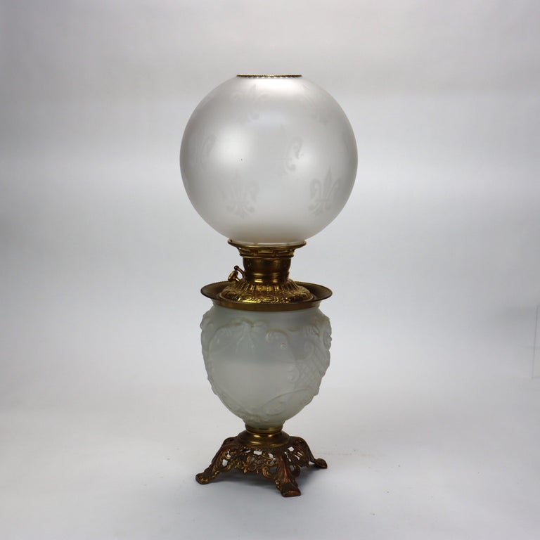 Antique Opalescent Embossed Glass Gone with the Wind Oil Lamp C1890