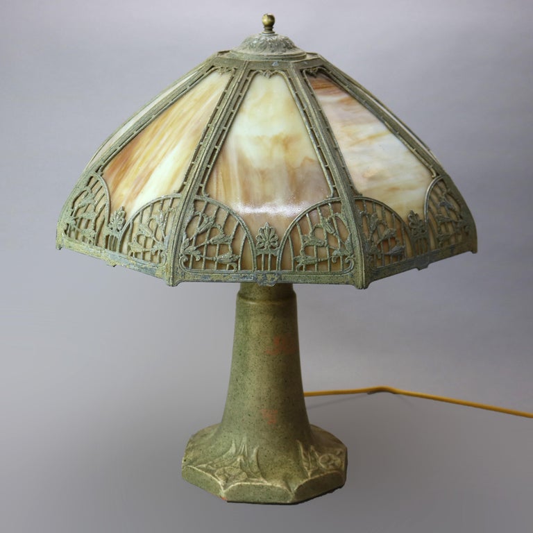 Antique Arts & Crafts Bradley & Hubbard School Slag Glass Lamp, Circa 1920
