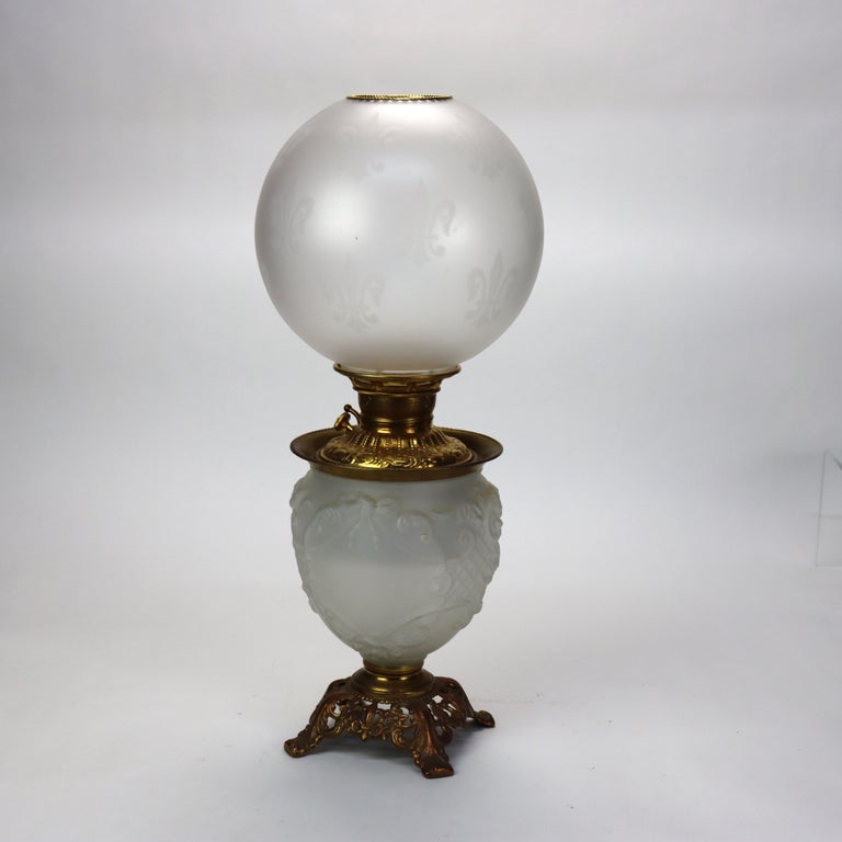 Antique Opalescent Embossed Glass Gone with the Wind Oil Lamp C1890